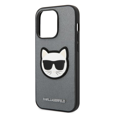 Husa pentru iPhone 14 Pro - Karl Lagerfeld Saffiano (KLHCP14LSAPCHG) - Silver Choupette Head