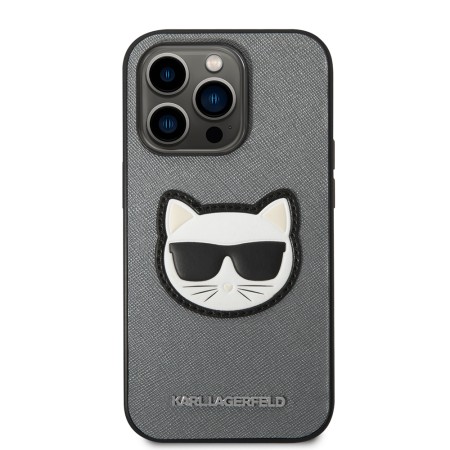 Husa pentru iPhone 14 Pro - Karl Lagerfeld Saffiano (KLHCP14LSAPCHG) - Silver Choupette Head