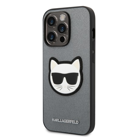 Husa pentru iPhone 14 Pro - Karl Lagerfeld Saffiano (KLHCP14LSAPCHG) - Silver Choupette Head