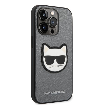 Husa pentru iPhone 14 Pro - Karl Lagerfeld Saffiano (KLHCP14LSAPCHG) - Silver Choupette Head