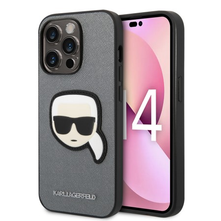 Husa pentru iPhone 14 Pro - Karl Lagerfeld Saffiano (KLHCP14LSAPKHG) - Silver Karls Head