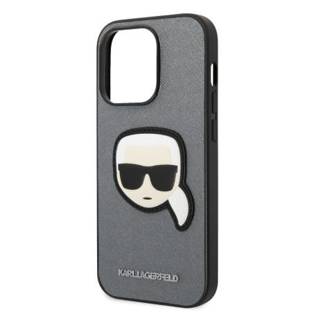 Husa pentru iPhone 14 Pro - Karl Lagerfeld Saffiano (KLHCP14LSAPKHG) - Silver Karls Head