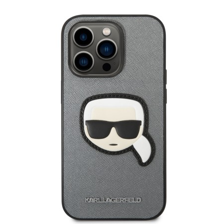 Husa pentru iPhone 14 Pro - Karl Lagerfeld Saffiano (KLHCP14LSAPKHG) - Silver Karls Head