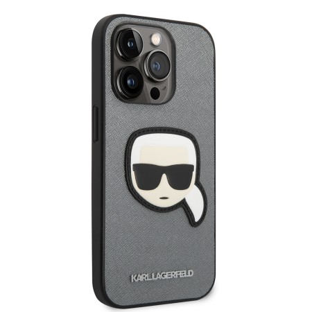 Husa pentru iPhone 14 Pro - Karl Lagerfeld Saffiano (KLHCP14LSAPKHG) - Silver Karls Head