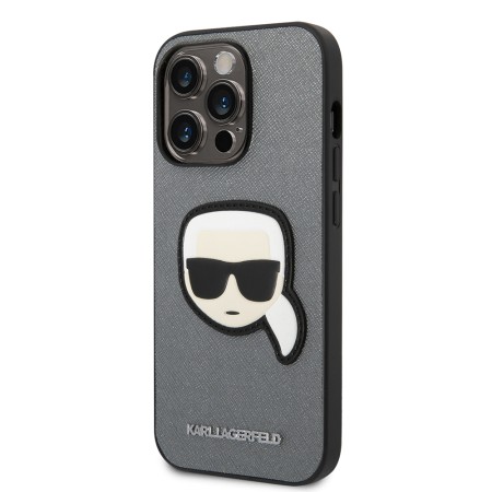 Husa pentru iPhone 14 Pro - Karl Lagerfeld Saffiano (KLHCP14LSAPKHG) - Silver Karls Head