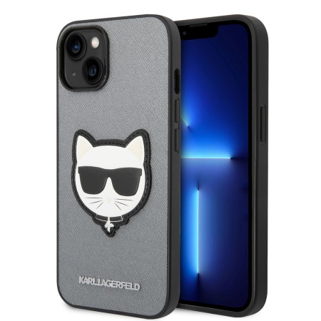 Husa pentru iPhone 14 Plus / iPhone 15 Plus - Karl Lagerfeld Saffiano (KLHCP14MSAPCHG) - Silver Choupette Head