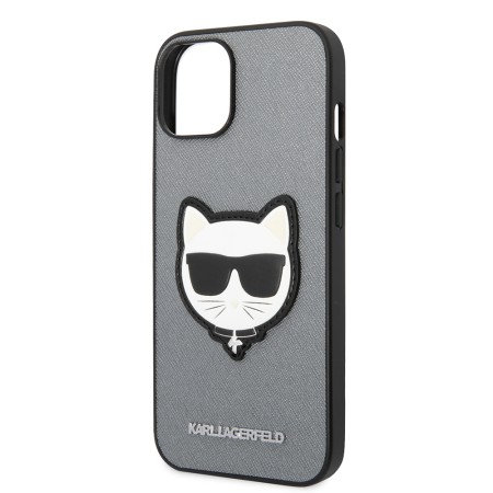 Husa pentru iPhone 14 Plus / iPhone 15 Plus - Karl Lagerfeld Saffiano (KLHCP14MSAPCHG) - Silver Choupette Head