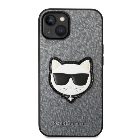 Husa pentru iPhone 14 Plus / iPhone 15 Plus - Karl Lagerfeld Saffiano (KLHCP14MSAPCHG) - Silver Choupette Head