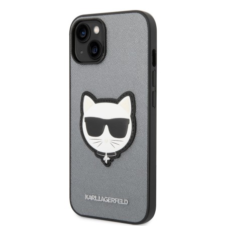 Husa pentru iPhone 14 Plus / iPhone 15 Plus - Karl Lagerfeld Saffiano (KLHCP14MSAPCHG) - Silver Choupette Head