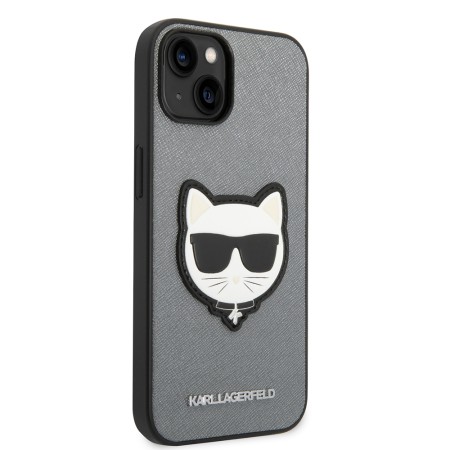 Husa pentru iPhone 14 Plus / iPhone 15 Plus - Karl Lagerfeld Saffiano (KLHCP14MSAPCHG) - Silver Choupette Head