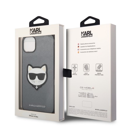 Husa pentru iPhone 14 Plus / iPhone 15 Plus - Karl Lagerfeld Saffiano (KLHCP14MSAPCHG) - Silver Choupette Head