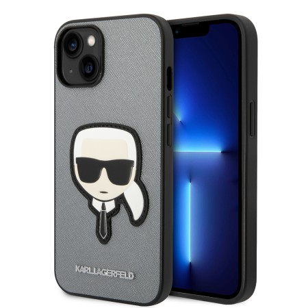 Husa pentru iPhone 14 Plus / iPhone 15 Plus - Karl Lagerfeld Saffiano (KLHCP14MSAPKHG) - Silver Karls Head