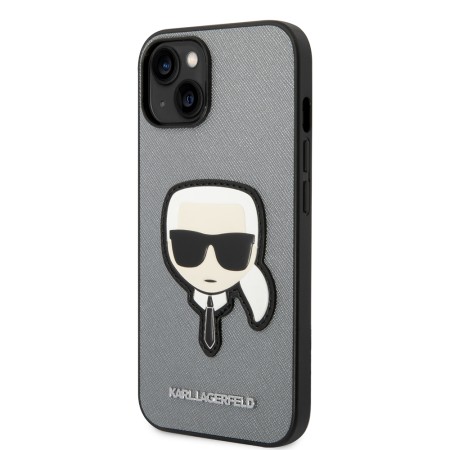 Husa pentru iPhone 14 Plus / iPhone 15 Plus - Karl Lagerfeld Saffiano (KLHCP14MSAPKHG) - Silver Karls Head