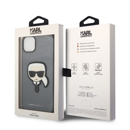 Husa pentru iPhone 14 Plus / iPhone 15 Plus - Karl Lagerfeld Saffiano (KLHCP14MSAPKHG) - Silver Karls Head