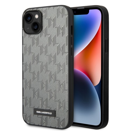 Husa pentru iPhone 14 Plus / iPhone 15 Plus - Karl Lagerfeld Saffiano (KLHCP14MSAKLHPG) - Grey Mono Metal Logo