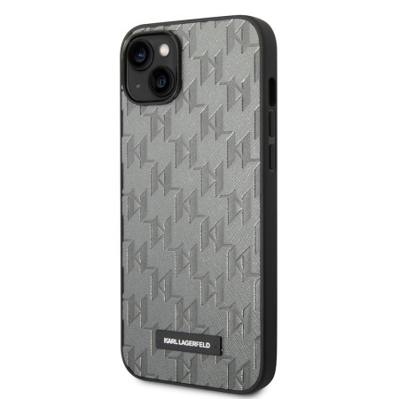 Husa pentru iPhone 14 Plus / iPhone 15 Plus - Karl Lagerfeld Saffiano (KLHCP14MSAKLHPG) - Grey Mono Metal Logo