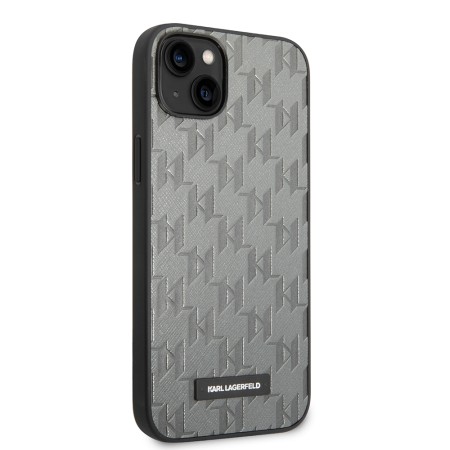 Husa pentru iPhone 14 Plus / iPhone 15 Plus - Karl Lagerfeld Saffiano (KLHCP14MSAKLHPG) - Grey Mono Metal Logo