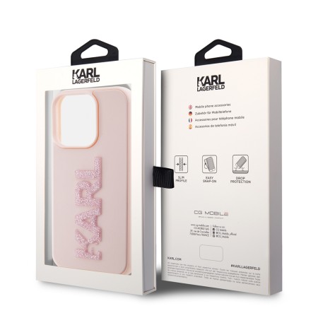 Husa pentru iPhone 15 Pro - Karl Lagerfeld 3D Design (KLHCP15L3DMBKCP) - Pink Rubber Glitter Logo