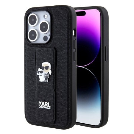 Husa pentru iPhone 15 Pro - Karl Lagerfeld Saffiano Gripstand (KLHCP15LGSAKCPK) - KarlandChoupette Pins