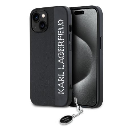 Husa pentru iPhone 15 / iPhone 14 / iPhone 13 - Karl Lagerfeld Saffiano RhinestonesandCharm (KLHCP15SPSAKDGCK) - Black