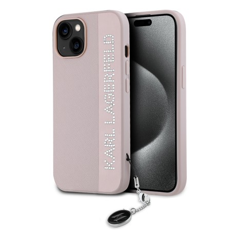 Husa pentru iPhone 15 / iPhone 14 / iPhone 13 - Karl Lagerfeld Saffiano RhinestonesandCharm (KLHCP15SPSAKDGCP) - Pink