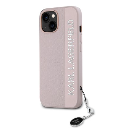 Husa pentru iPhone 15 / iPhone 14 / iPhone 13 - Karl Lagerfeld Saffiano RhinestonesandCharm (KLHCP15SPSAKDGCP) - Pink