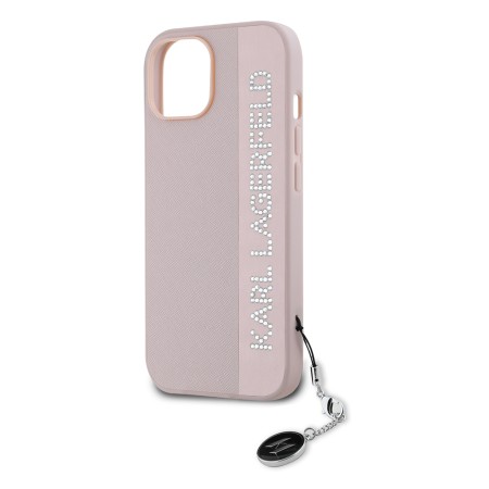 Husa pentru iPhone 15 / iPhone 14 / iPhone 13 - Karl Lagerfeld Saffiano RhinestonesandCharm (KLHCP15SPSAKDGCP) - Pink