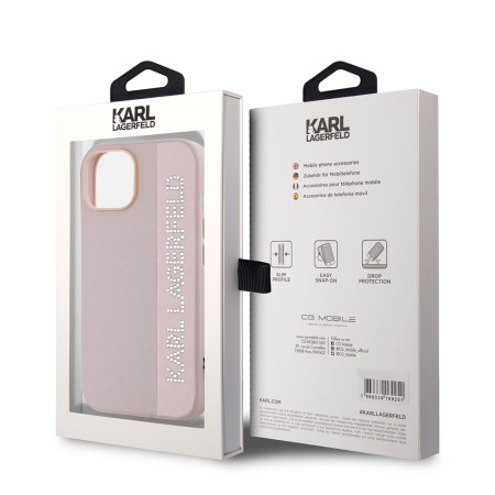 Husa pentru iPhone 15 / iPhone 14 / iPhone 13 - Karl Lagerfeld Saffiano RhinestonesandCharm (KLHCP15SPSAKDGCP) - Pink