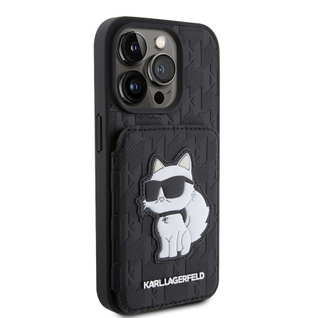 Husa pentru iPhone 15 Pro - Karl Lagerfeld Saffiano Cardslots and Stand (KLHCP15LSAKCNSCK) - Monogram Choupette