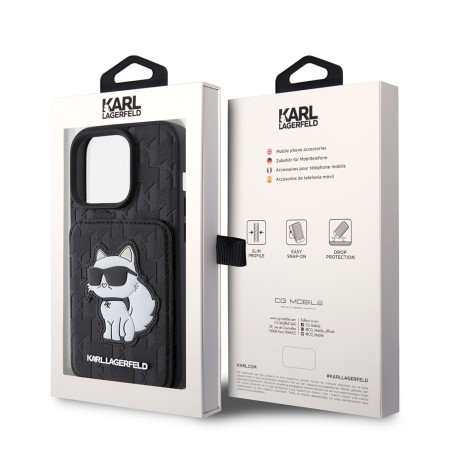 Husa pentru iPhone 15 Pro - Karl Lagerfeld Saffiano Cardslots and Stand (KLHCP15LSAKCNSCK) - Monogram Choupette