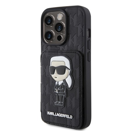 Husa pentru iPhone 15 Pro - Karl Lagerfeld Saffiano Cardslots and Stand (KLHCP15LSAKKNSCK) - Monogram Ikonik