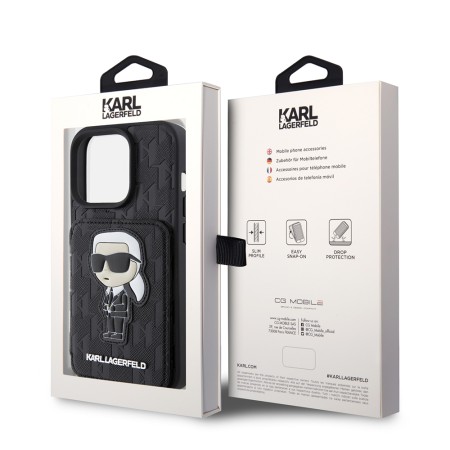 Husa pentru iPhone 15 Pro - Karl Lagerfeld Saffiano Cardslots and Stand (KLHCP15LSAKKNSCK) - Monogram Ikonik