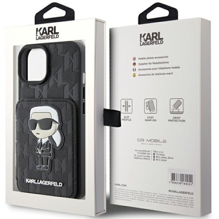 Husa pentru iPhone 15 / iPhone 14 / iPhone 13 - Karl Lagerfeld Saffiano Cardslots and Stand (KLHCP15SSAKKNSCK) - Monogram Ikonik