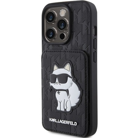 Husa pentru iPhone 15 Pro Max - Karl Lagerfeld Saffiano Cardslots and Stand (KLHCP15XSAKCNSCK) - Monogram Choupette