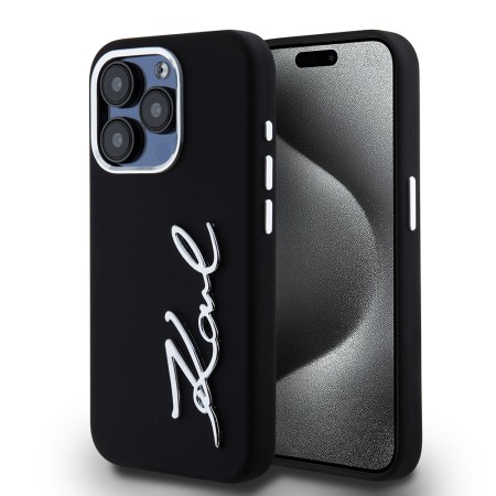 Husa pentru iPhone 15 Pro - Karl Lagerfeld Silicone (KLHCP15LSCMSMVK) - Metal Script Logo