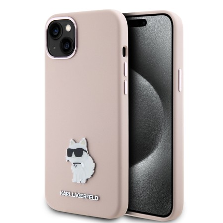 Husa pentru iPhone 15 / iPhone 14 / iPhone 13 - Karl Lagerfeld Silicone (KLHCP15SSMHCNPP) - Pink Choupette Metal Pin