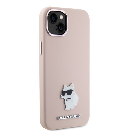 Husa pentru iPhone 15 / iPhone 14 / iPhone 13 - Karl Lagerfeld Silicone (KLHCP15SSMHCNPP) - Pink Choupette Metal Pin