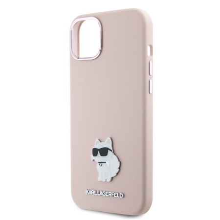 Husa pentru iPhone 15 / iPhone 14 / iPhone 13 - Karl Lagerfeld Silicone (KLHCP15SSMHCNPP) - Pink Choupette Metal Pin