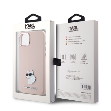 Husa pentru iPhone 15 / iPhone 14 / iPhone 13 - Karl Lagerfeld Silicone (KLHCP15SSMHCNPP) - Pink Choupette Metal Pin