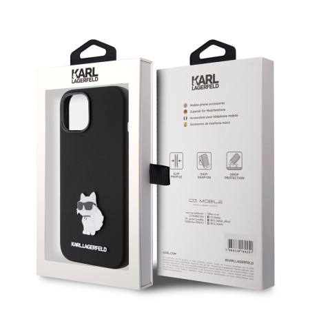 Husa pentru iPhone 15 / iPhone 14 / iPhone 13 - Karl Lagerfeld Silicone (KLHCP15SSMHCNPK) - Choupette Metal Pin