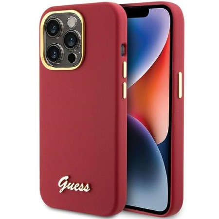 Husa pentru iPhone 15 Pro Max - Guess Silicone Script Metal Logo and Frame (GUHCP15XSMBSLM) - Red