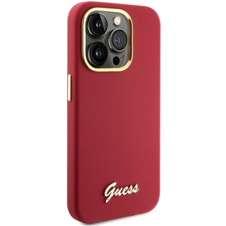 Husa pentru iPhone 15 Pro Max - Guess Silicone Script Metal Logo and Frame (GUHCP15XSMBSLM) - Red