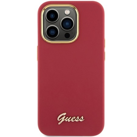 Husa pentru iPhone 15 Pro Max - Guess Silicone Script Metal Logo and Frame (GUHCP15XSMBSLM) - Red