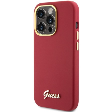 Husa pentru iPhone 15 Pro Max - Guess Silicone Script Metal Logo and Frame (GUHCP15XSMBSLM) - Red