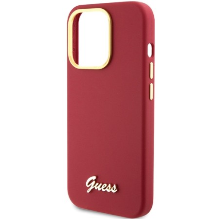 Husa pentru iPhone 15 Pro Max - Guess Silicone Script Metal Logo and Frame (GUHCP15XSMBSLM) - Red