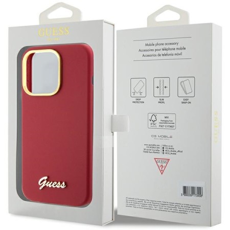 Husa pentru iPhone 15 Pro Max - Guess Silicone Script Metal Logo and Frame (GUHCP15XSMBSLM) - Red