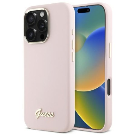 Husa pentru iPhone 16 Pro Max - Guess Silicone Script Metal Logo and Frame (GUHCP16XSMBSLP) - Light Pink