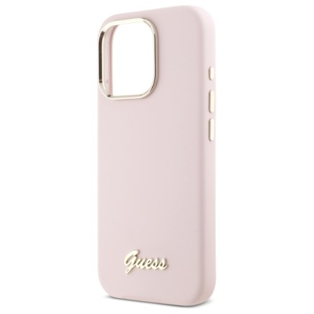 Husa pentru iPhone 16 Pro Max - Guess Silicone Script Metal Logo and Frame (GUHCP16XSMBSLP) - Light Pink