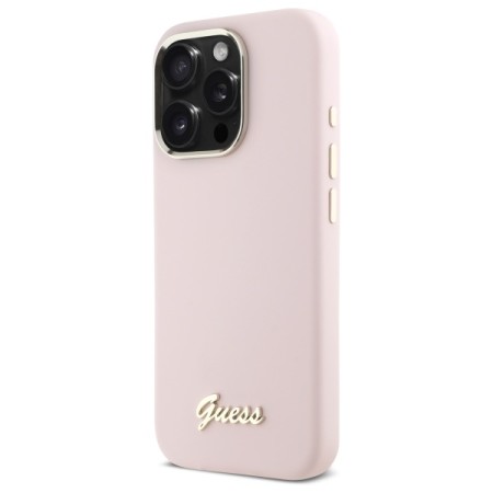 Husa pentru iPhone 16 Pro Max - Guess Silicone Script Metal Logo and Frame (GUHCP16XSMBSLP) - Light Pink