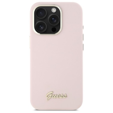 Husa pentru iPhone 16 Pro Max - Guess Silicone Script Metal Logo and Frame (GUHCP16XSMBSLP) - Light Pink